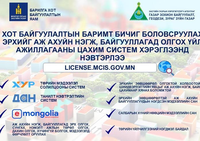 ХОТ БАЙГУУЛАЛТЫН БАРИМТ БИЧИГ БОЛОВСРУУЛАХ ЭРХ ОЛГОХ ҮЙЛ АЖИЛЛАГАА ЦАХИМЖЛАА