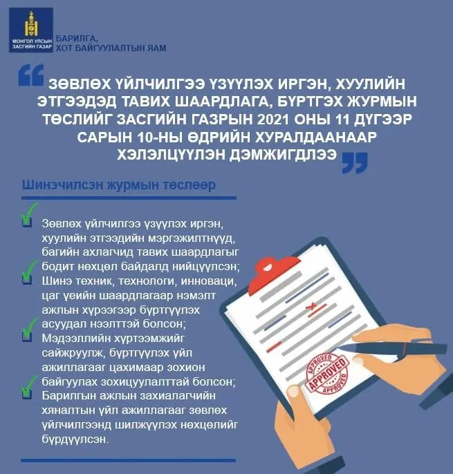 ЗӨВЛӨХ ҮЙЛЧИЛГЭЭ ҮЗҮҮЛЭХ ИРГЭН, ХУУЛИЙН ЭТГЭЭДЭД ТАВИХ ШААРДЛАГА, БҮРТГЭХ ЖУРМЫН ТӨСЛИЙГ ЗАСГИЙН ГАЗРЫН ХУРЛААР ХЭЛЭЛЦҮҮЛЭН, ДЭМЖЛЭЭ