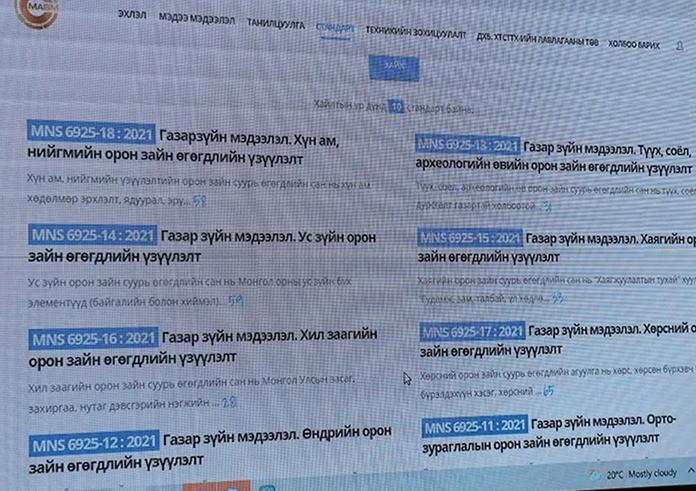 ГАЗАР ЗҮЙН НЭР ТӨРЛИЙН 18 БАГЦ СТАНДАРТЫГ ХҮЛЭЭН АВЛАА
